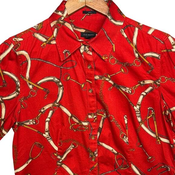 Talbots Red Gold Equestrian Print Button Down Long Sleeve Blouse Women 10 - Picture 3 of 6